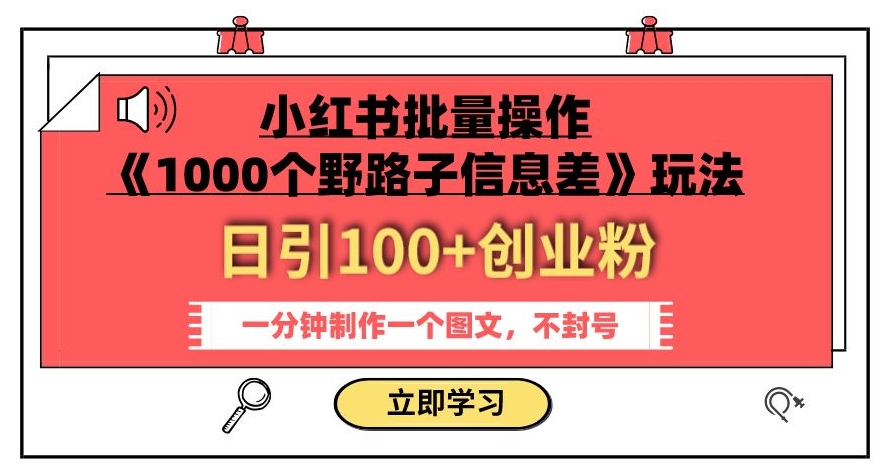 小红书批量操作《1000个野路子信息差》玩法，一分钟制作一个图文，不封号，日引100+创业粉-启程资源站