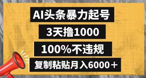 AI头条暴力起号，3天撸1000,100%不违规，复制粘贴月入6000＋【揭秘】-启程资源站