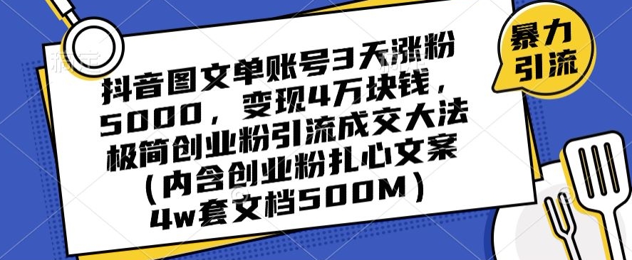 抖音图文单账号3天涨粉5000，变现4万块钱，极简创业粉引流成交大法-启程资源站